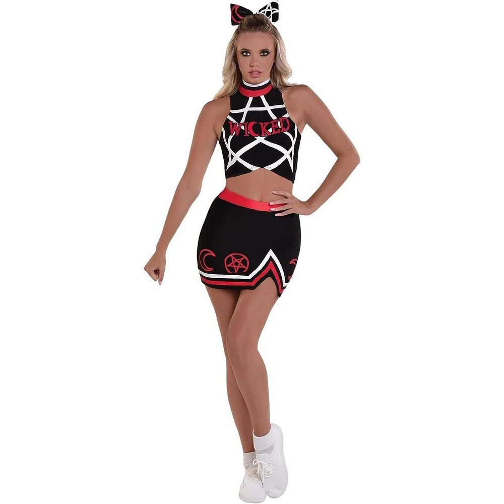 Wicked Evil Spirit Costume Adult Large 10-12 Black Red Cheerleader 3pc Set